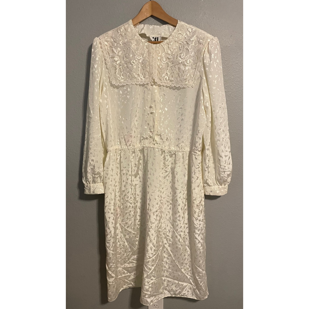 Vintage IFI Womens Dress Size 20 Cream Satin Lace Trim Victorian Prairie FLAW